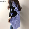 ZANZEA Korean Style Women Asymmetrical Hem High Low Shirt Smart Striped Patchwork Blouse Tops Shirt.
