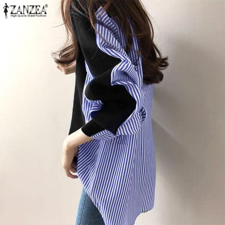 ZANZEA%20Korean%20Style%20Women%20Asymmetrical%20Hem%20High%20Low%20Shirt%20Smart%20Striped%20Patchwork%20Blouse%20Tops%20Shirt%20-%20Image%204