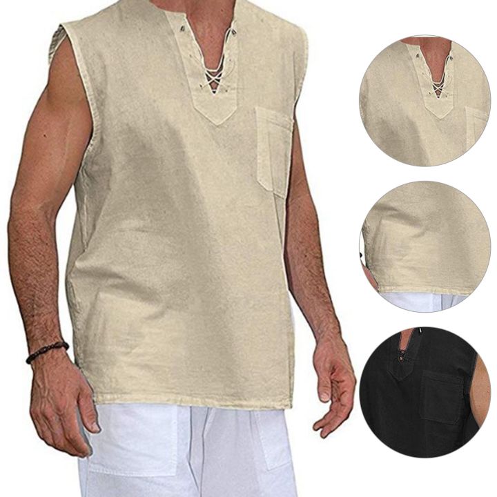 Men%20Shirt%20Solid%20Color%20V%20Neck%20Loose%20Lace%20Up%20Summer%20Top%20for%20Daily%20Wear%20-%20Image%205