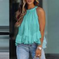 Ruffles Blouse Women Sleeveless Vest Pleated O-neck Solid Elegant Tops Tee Tank Plus Size Summer Casual Shirt blusas. 