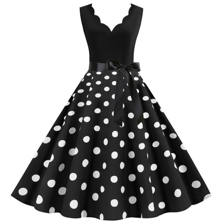 Women Retro Summer Dresses 50s 60s Rockabilly Sleeveless V-neck Polka Dot Bow Pinup Ball Grown Party Sundress Robe Vestidos