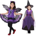 Kids Girls Purple Bat Vampire Princess Dress Fancy Cosplay Costume Witch Clothes with Wing Halloween Role Play Clothing. 