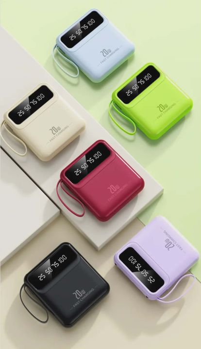 Mini Power Bank 10000mah High Capacity Fast Charging with Cable Mobile Power Bank LED Digital Display Type-C/USB Input 20W Fast Charging Mini Power Bank LED Display 4 Built-in Cables