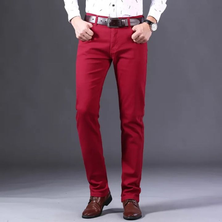 Classic Style Men's Wine Red Jeans Fashion Business Casual