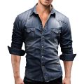 Men s Denim Button Down Shirts Solid Color Long Sleeve Lapel Denim Tops Spring Casual Button Shirts. 