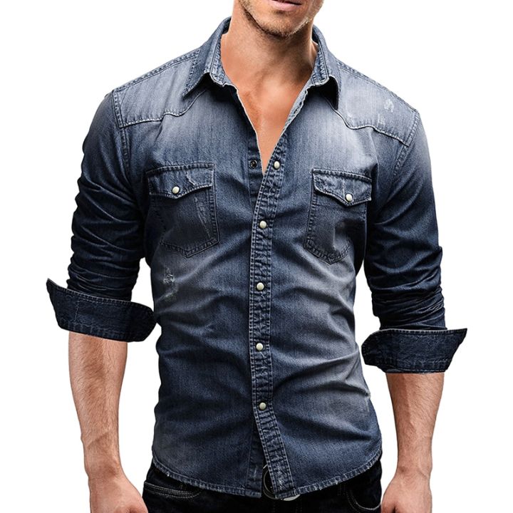 Men s Denim Button Down Shirts Solid Color Long Sleeve Lapel Denim Tops Spring Casual Button Shirts