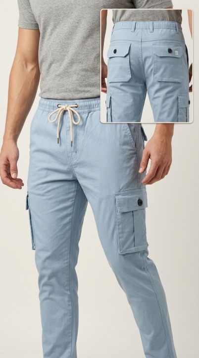 Mens stetch twill blended 6 pockets cargo mobile pant lite blue by RareTex
