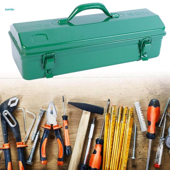 Metal Tool Box with Lock Latch Green Tool Organizer for Garage Home Workshop 42cmx12cmx15.5cm