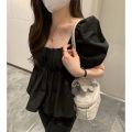 2022 Summer New Korean Style Sweet Gathers Line Square-Cut Collar Puff Sleeve Short Sleeve Shirt for Women. 