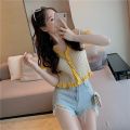 v Collar T T-shirt Short-Sleeved Summer Clothes Hot Girl Ice Silk Knitted Cardigan Design Sense Navel Purple Short Top Niche Style. 