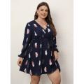 Finjani Plus Size Dress Deep V-Neck Feather Print Party Dress Trendy Butterfly End Waist Belt Women's Dresses.