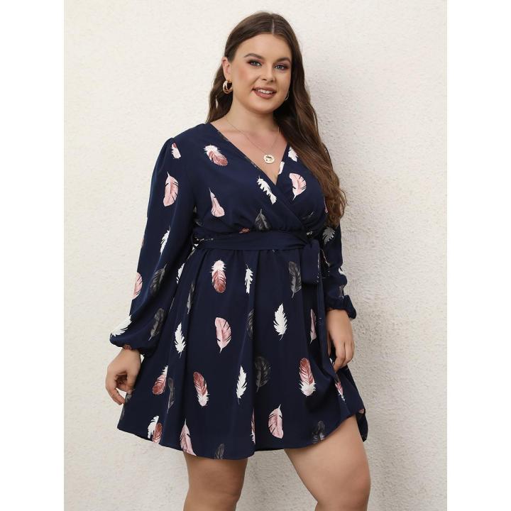 Finjani Plus Size Dress Deep V-Neck Feather Print Party Dress Trendy Butterfly End Waist Belt Women's Dresses