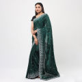 Indian Vichitra silk Green Saree with High-Quality Sequins Silvar Embroidery Work on Blouse.