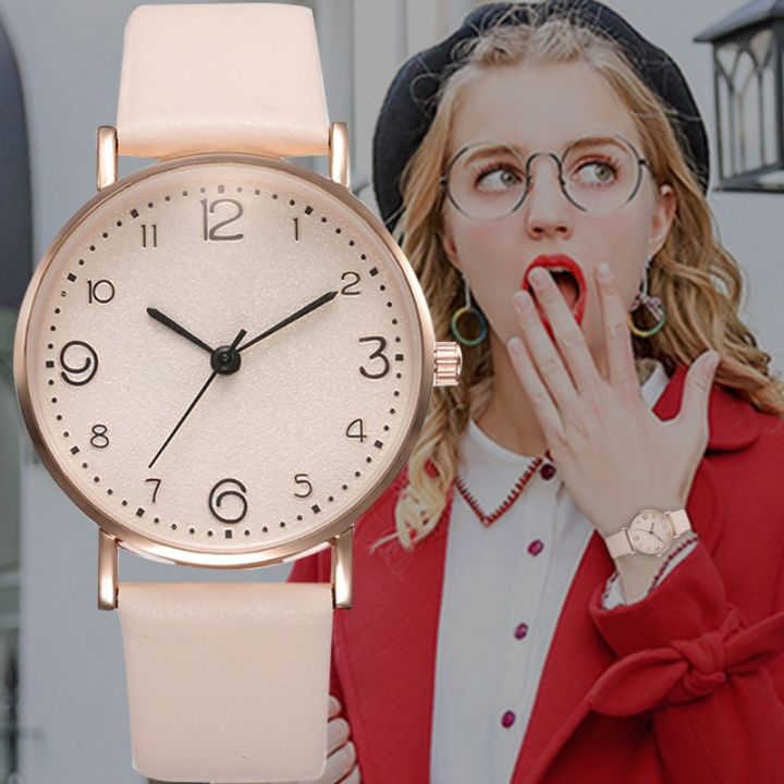 【The road to happiness Store】Luxury quartz alloy watch ladies fashion stainless steel dial casual bracele watch leather wristwatch for women
