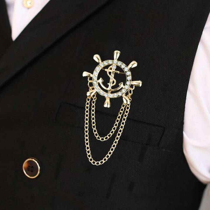 Golden Anchor Tassel Chain Coat Pin Brooch For Men