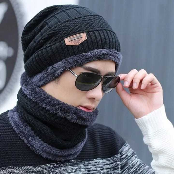 Knitted Hat Scarf Caps Neck Warmer Winter Hats For Men Women Skullies Beanies Warm Fleece Cap-Black - Cap For Men