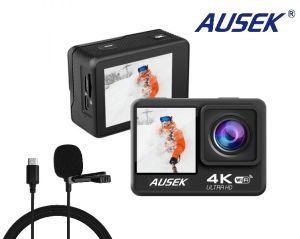 Bilashmart (6 month Warranty) AUSEK 4k Action Camera 60fps with Anti-Shake EIS Stabilization, 4X Digital Zoom, Remote Control With 2 Battery, Charger, Remote External Microphone