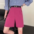 Women Summer Solid High Waist Shorts Loose Korean Style Fashion Vintage Female Knee Length Straight Wide Leg Suit Pants.