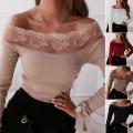 Lace Stitching Collar Long Sleeve Solid Color Knitted Blouse Autumn Office Ladies Elegant Off Shoulder Ribbed Knitwear Work Garm. 