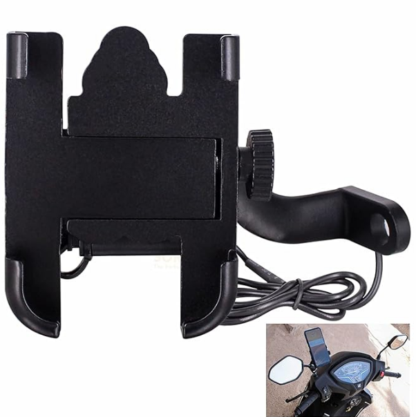 Bike Mobile Holder with Charger Waterproof CNC Bike Mount Holder for Navigation 360 Degree Rotating Handlebar Metal Body Cradle Stand (CNC Metal Holder with USB Charger)
