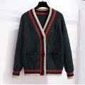 Female Sweater Coat Loose Western Style Button Stitching Striped Outer Wear Sweater Thick Cardigan Knitted Sweater For Women.