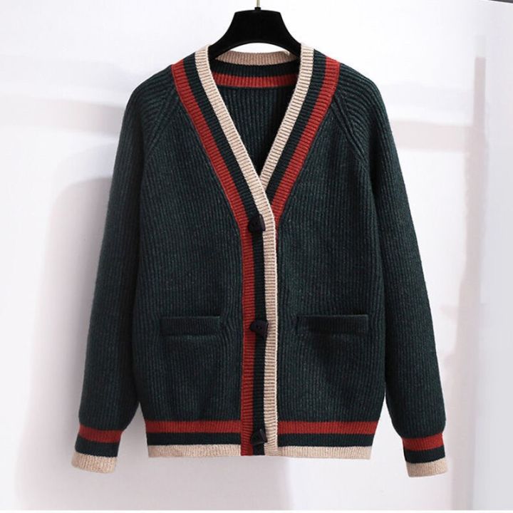 Female Sweater Coat Loose Western Style Button Stitching Striped Outer Wear Sweater Thick Cardigan Knitted Sweater For Women