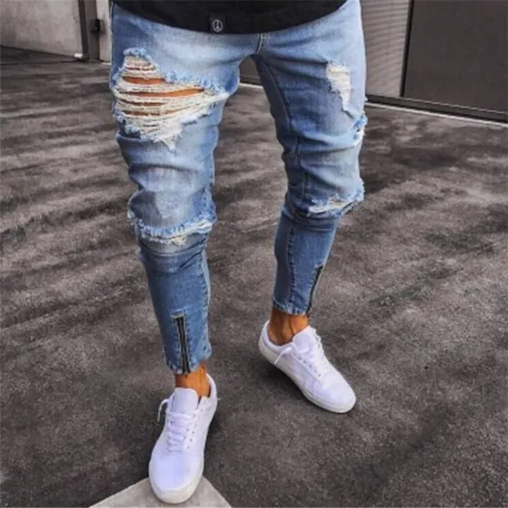 Men's denim pants ripped hole slim Jeans men Fashion Hip hop Skinny pencil Jeans For Men stretch elastic ankle zipper jeans men