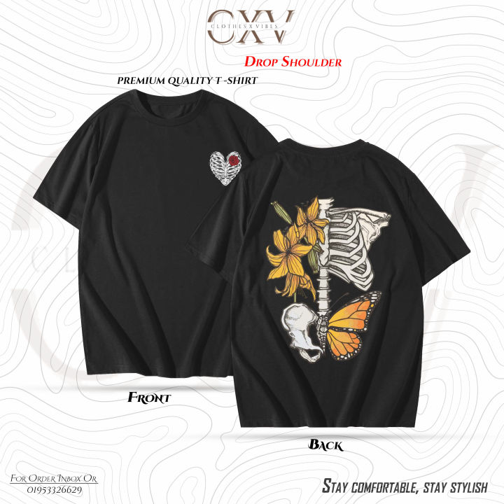 Model: Butterfly Skeleton Premium Design Drop Shoulder T-shirt