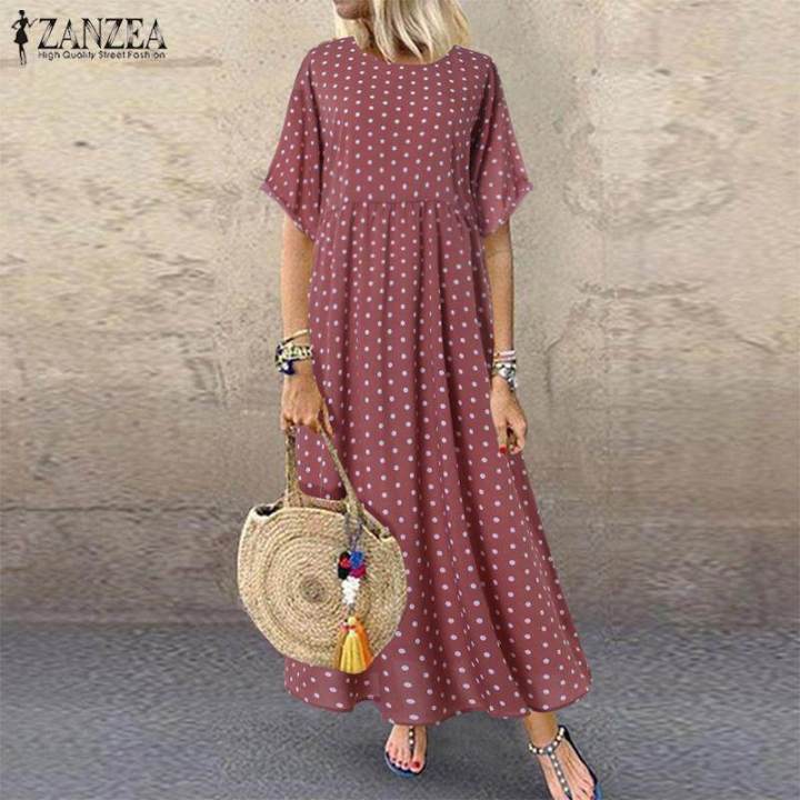 ZANZEA%20Women%20Flared%20Short%20Sleeve%20Summer%20T-Shirt%20Dress%20Polka%20Dot%20Long%20Maxi%20Dress%20-%20Image%202
