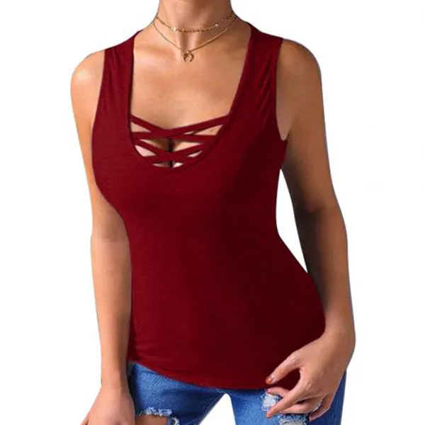 Summer%20Solid%20Color%20Women%20Clothing%20Cross%20Strap%20Round%20Neck%20Selveless%20Casual%20Loose%20Tank%20Top%20Vest%20Tops%20-%20Image%202