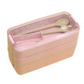 Triple Layered Bento Style Box Eco-Friendly Lunch Box With Cutlery Kids & Adults Wheat Straw Dinnerware Food Storage Container. 