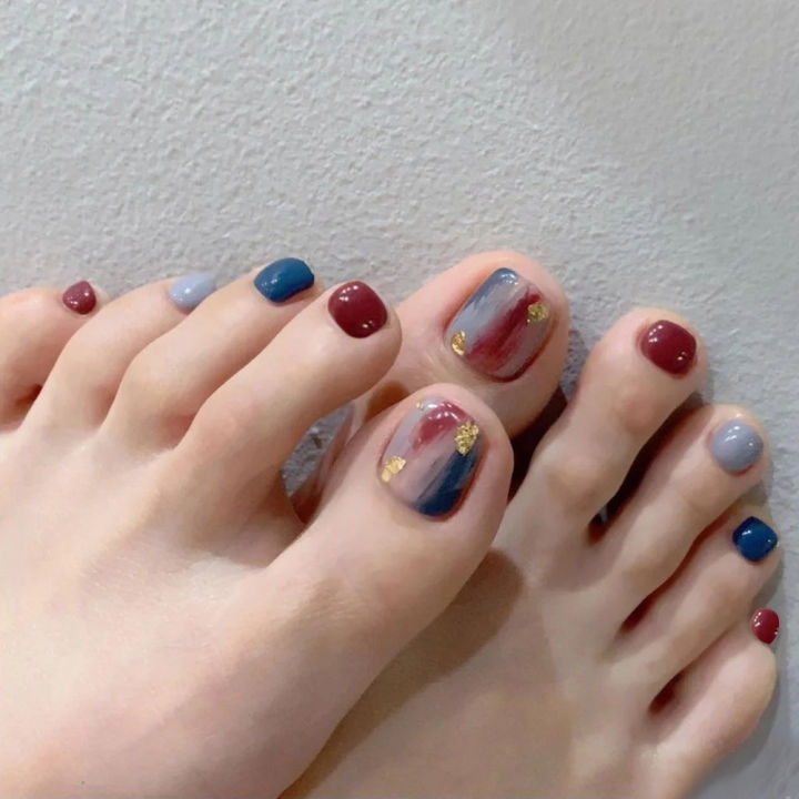 24Pcs Shiny Artificial False Toe Nails Navy Blue Bloom Toenails With Design Press On Manicure Tools