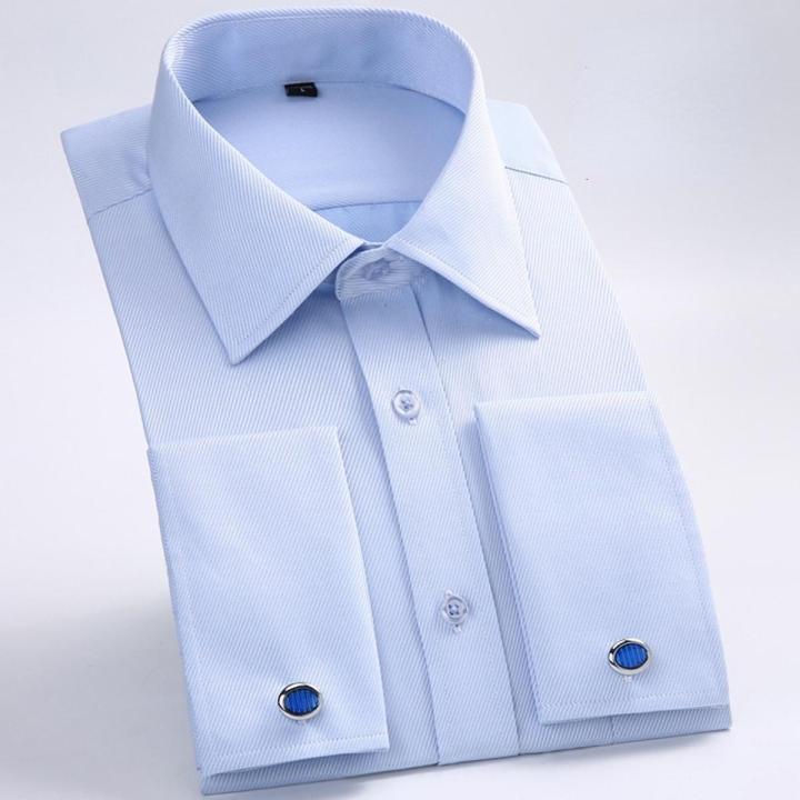 Quality Gentle Formal Mens French Cuff Dress Shirt Men Long Sleeve Solid Striped Style Men's Shirts Cufflink Include Plus Size
