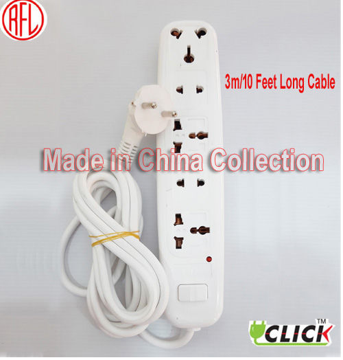 Multi Extension 2 Pin Click Socket 5 Port 9 Feet Cable power extension cord.10A, Click Multi plug Premium White Extension .