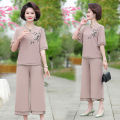 Middle-Aged and Elderly Women's Summer Mom Suit Western Style plus Size Wide Lady Temperament Short Sleeve Casual Chiffon Two-Piece Thin.