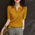Juzui Women's Clothing2023Summer Mulberry SilkPoloShirt Thin Loose Ice Silk Sweater All-Match Short SleeveTT-shirt. 