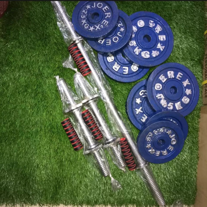 Combo Dumbbell Plate Set Including 10Kg Weight Plates, 3 Feet Barbell Bar, And Two 10-Inch Sticks - Complete Workout Equipment
