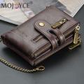 Retro Men Double Zipper Short Wallet Portable Multi-slot Mini Purse Card Holder with Chain Fashion Solid Color PU Leather Burse.