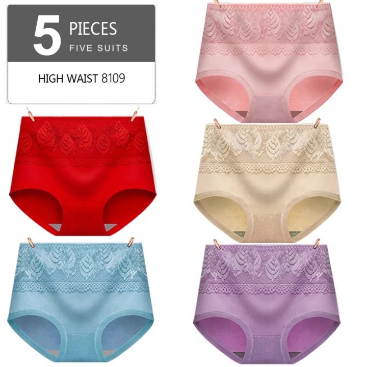 5PCS High Waist Women Panties Cotton Body Shaper Underwear Breathable Cute Briefs Lace Comfort Plus Size Female Lingerie