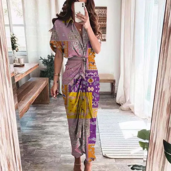 Fashion%20Sexy%20Deep%20V%20Draped%20Shirt%20Long%20Dress%20Casual%20Lady%20Button%20Slit%20Bandage%20Beach%20Dress%20Women%20Elegant%20Short%20Sleeve%20Party%20Dresses%20-%20Image%203