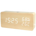 LED Digital Wooden Alarm Clock APP Control Time/ Temperature/ Humidity/ Date Display Electronic Desktop Clock 4 Levels Brightness Sound Control USB Charge or Ba-ttery Supply.
