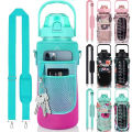 2L/64OZ Water Bottle Set Large Capacity Motivational Water Bottles with Straw and Sleeve Outdoor Sport Drinkware Gift.