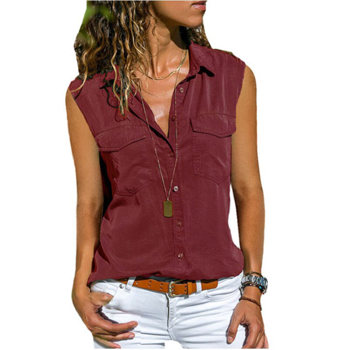 Women%20Summer%20Sleeveless%20V-neck%20Tops%20Pure%20Color%20T-shirt%20Casual%20Tank%20Tops%20Loose%20Button-up%20Blouse%20Lady%20Sleeveless%20Shirts%20-%20Image%202