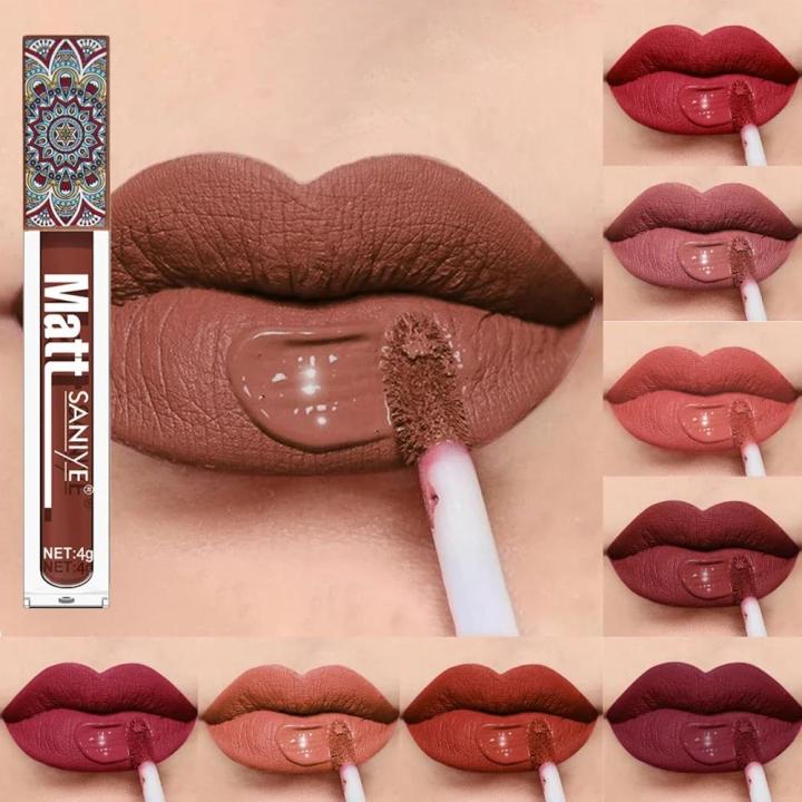 SANIYE Brand Makeup Nude Lip Gloss Waterproof Liquid Matte Lipstick Long Lasting 4g Quick Dry Red Lip Gloss Cosmetics Superman Ruoias