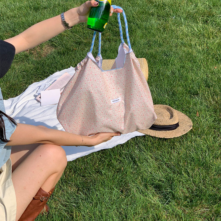 Floral Canvas Shoulder Bag Large-Capacity Casual Hand-Held Shopping Bag For Women Girls Small Fresh Printed Handbag Tote Bag