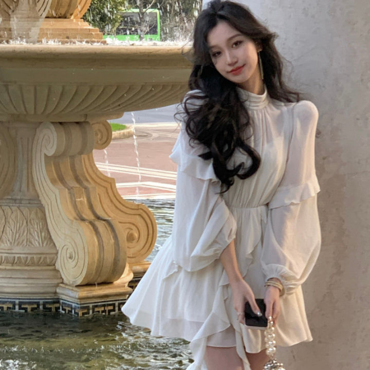sachin and babi light blue dress Women Chiffon Office Dress Long Sleeve Elegant Long Party Dress Korean  Style Dress Apricot S at Amazon Women's Clothing store main image 1