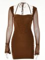 Mozision Two Layer Mesh Mini Dress For Women Elegant Square Collar Full Sleeve Bodycon Ruched Party Short Dress Vestido. 