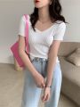 AOSSVIAO 2023 Basic V-neck Solid Thin Summer Pullover Women Female Knitted Ribbed Sweater Slim Short Sleeve Bodycon Sweater.