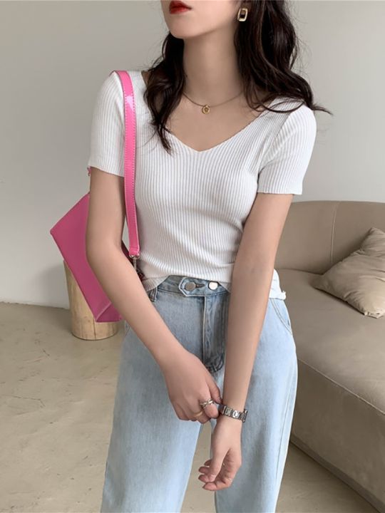 AOSSVIAO%202023%20Basic%20V-neck%20Solid%20Thin%20Summer%20Pullover%20Women%20Female%20Knitted%20Ribbed%20Sweater%20Slim%20Short%20Sleeve%20Bodycon%20Sweater%20-%20Image%205