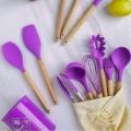 Cooking Utensils Set 12 Pcs. Cooking Kitchen Utensils Set Long Wooden Handle Kitchen Gadgets with Holder Tongs Spatula Spoon Brush Whisk for Home for Kitchen Accessories. Silicone and wooden Spoons for Kicthen.. 